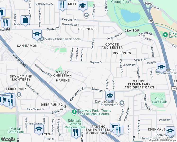map of restaurants, bars, coffee shops, grocery stores, and more near 159 Knightshaven Way in San Jose