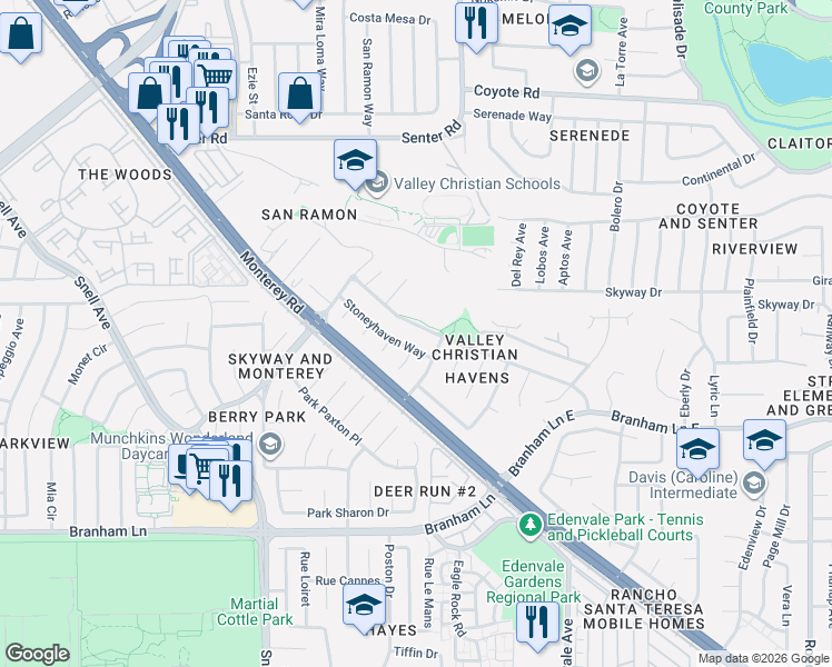 map of restaurants, bars, coffee shops, grocery stores, and more near 4528 Stoneyhaven Way in San Jose