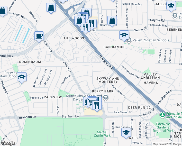 map of restaurants, bars, coffee shops, grocery stores, and more near 4370 Stone Canyon Drive in San Jose
