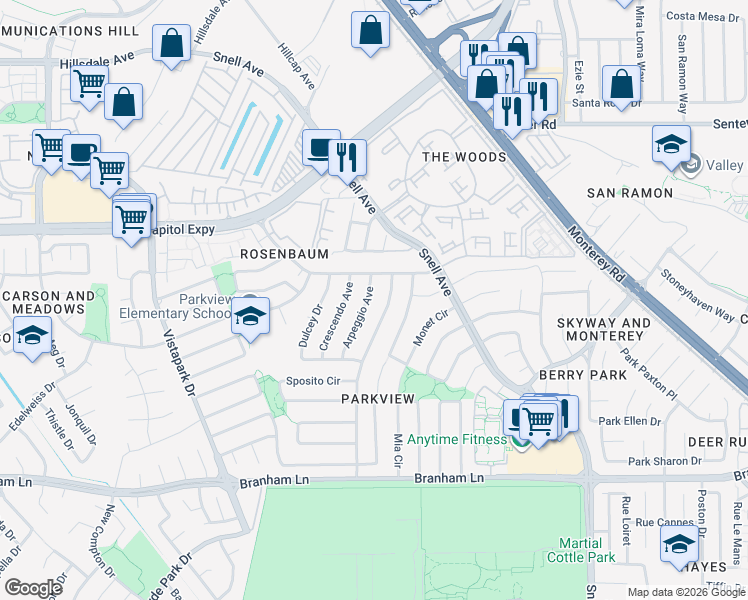 map of restaurants, bars, coffee shops, grocery stores, and more near 4188 Arpeggio Avenue in San Jose
