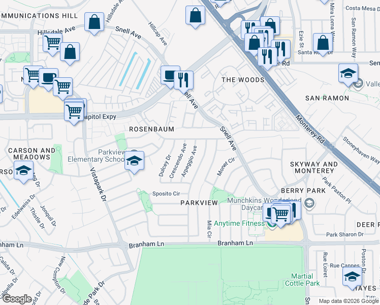 map of restaurants, bars, coffee shops, grocery stores, and more near 4188 Arpeggio Avenue in San Jose