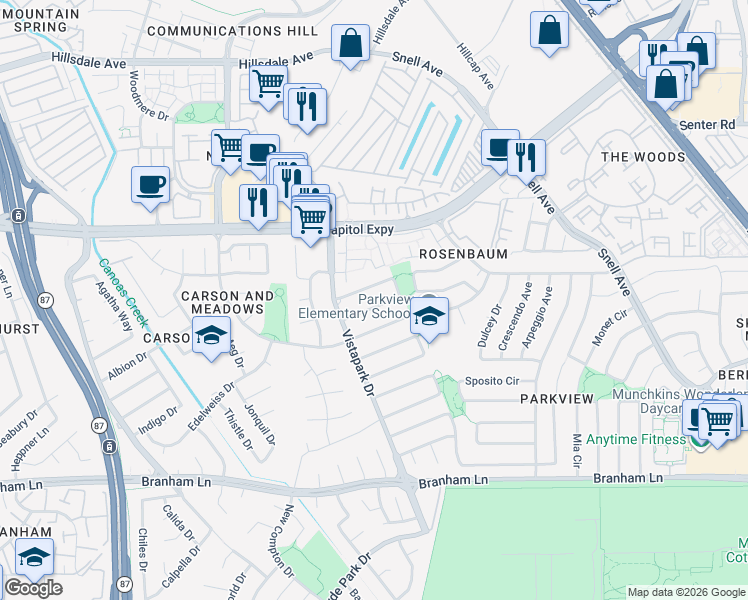 map of restaurants, bars, coffee shops, grocery stores, and more near 371 Viewpark Circle in San Jose