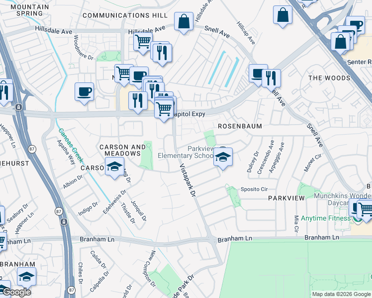 map of restaurants, bars, coffee shops, grocery stores, and more near 302 Viewpark Circle in San Jose