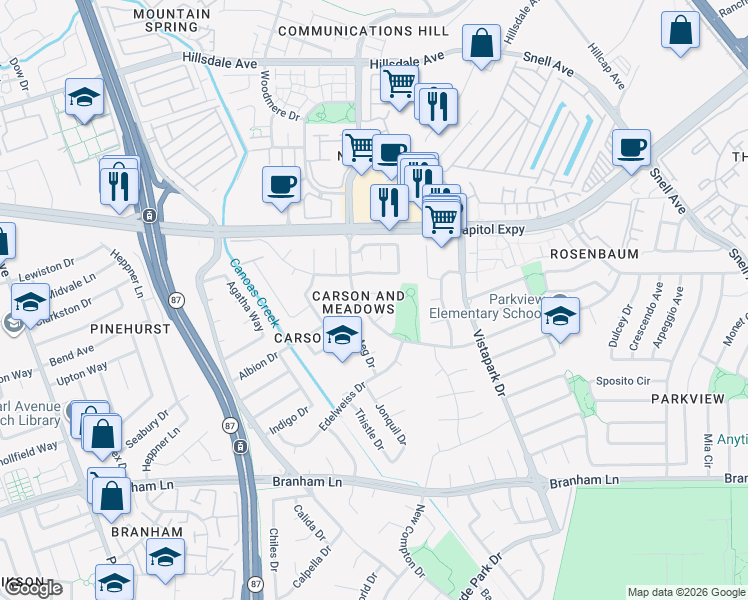 map of restaurants, bars, coffee shops, grocery stores, and more near 562 Bliss Court in San Jose