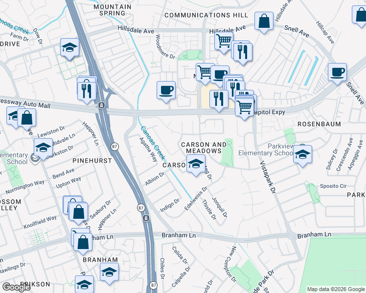 map of restaurants, bars, coffee shops, grocery stores, and more near 607 Albion Court in San Jose