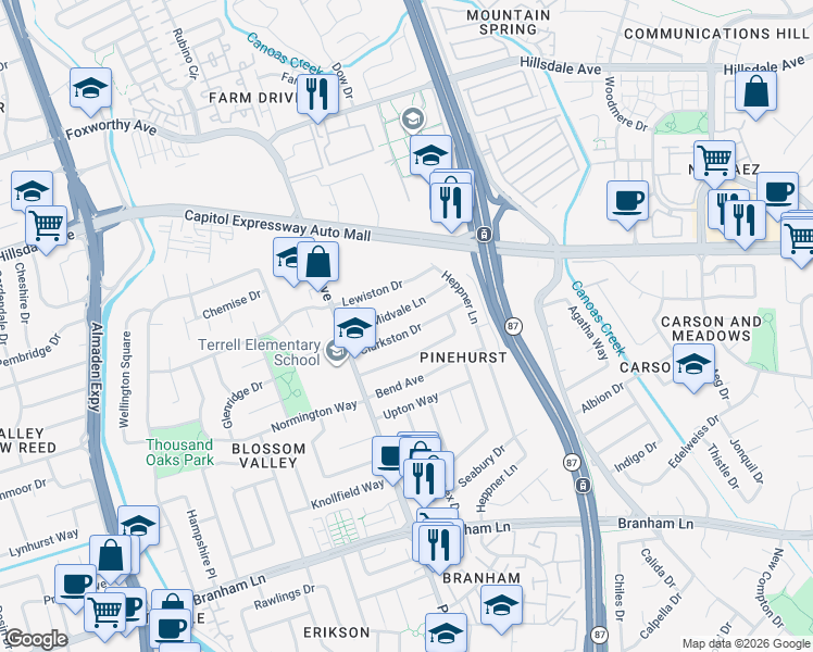 map of restaurants, bars, coffee shops, grocery stores, and more near 826 Clarkston Drive in San Jose