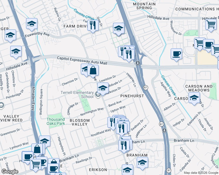 map of restaurants, bars, coffee shops, grocery stores, and more near 866 Midvale Lane in San Jose