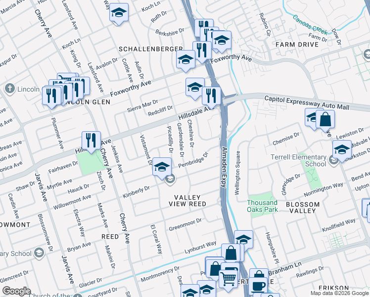 map of restaurants, bars, coffee shops, grocery stores, and more near 3351 Gardendale Drive in San Jose