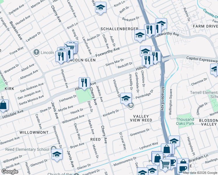 map of restaurants, bars, coffee shops, grocery stores, and more near 3240 Woodcrest Drive in San Jose