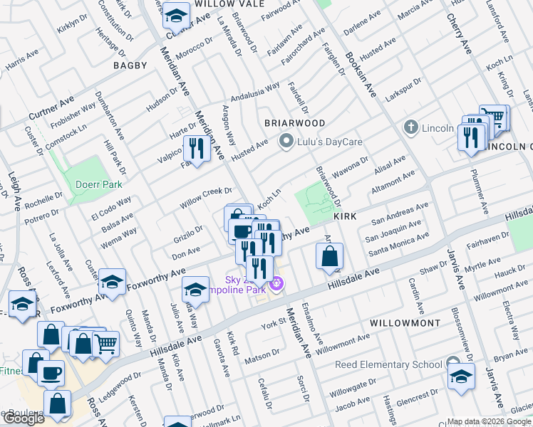 map of restaurants, bars, coffee shops, grocery stores, and more near 1660 Koch Lane in San Jose