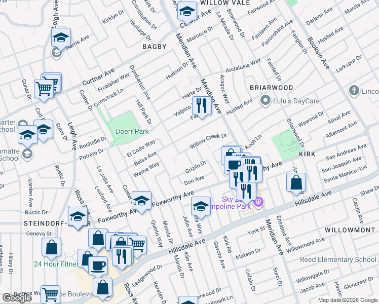 map of restaurants, bars, coffee shops, grocery stores, and more near 2818 La Rhee Drive in San Jose