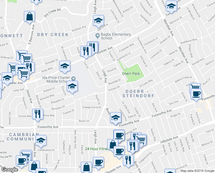 map of restaurants, bars, coffee shops, grocery stores, and more near 1843 Potrero Drive in San Jose