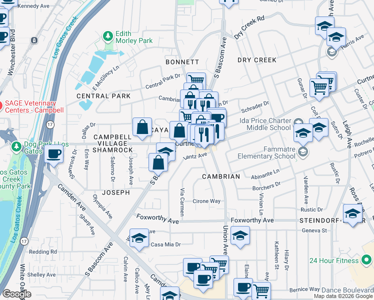 map of restaurants, bars, coffee shops, grocery stores, and more near 2771 Lantz Avenue in San Jose