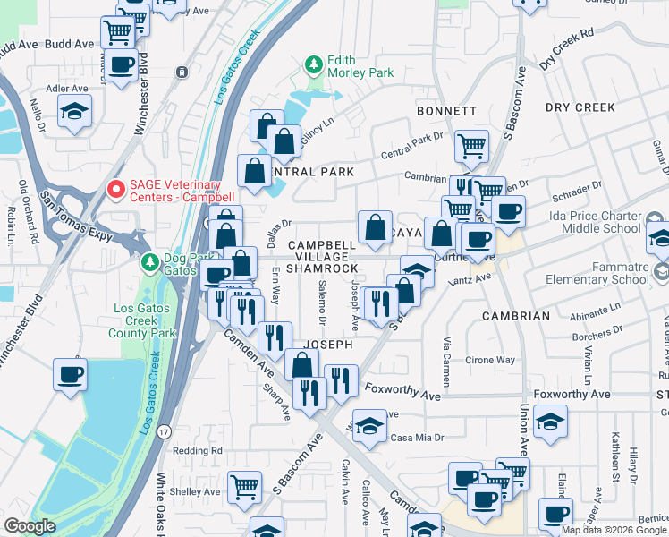 map of restaurants, bars, coffee shops, grocery stores, and more near 1034 Salerno Drive in Campbell