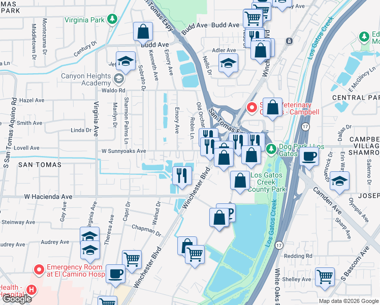 map of restaurants, bars, coffee shops, grocery stores, and more near 300 West Sunnyoaks Avenue in Campbell