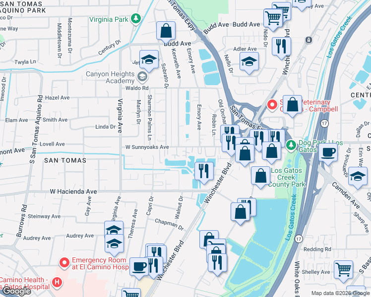 map of restaurants, bars, coffee shops, grocery stores, and more near 502 West Sunnyoaks Avenue in Campbell