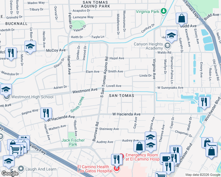 map of restaurants, bars, coffee shops, grocery stores, and more near 1218 Lovell Avenue in Campbell