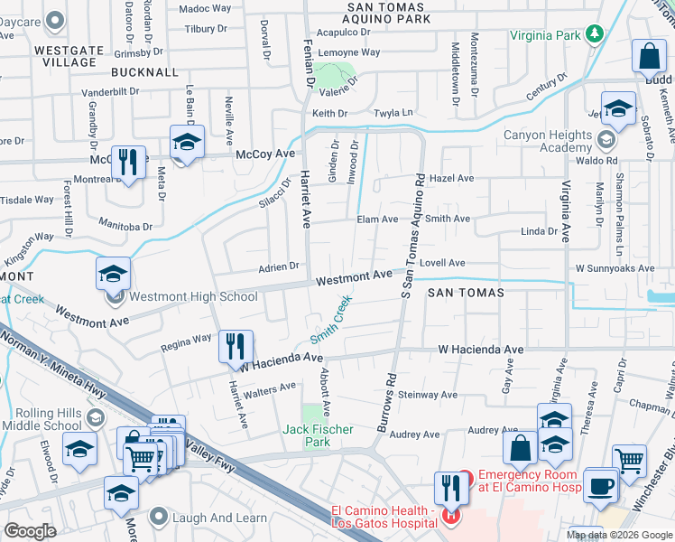 map of restaurants, bars, coffee shops, grocery stores, and more near 1429 Westmont Avenue in Campbell
