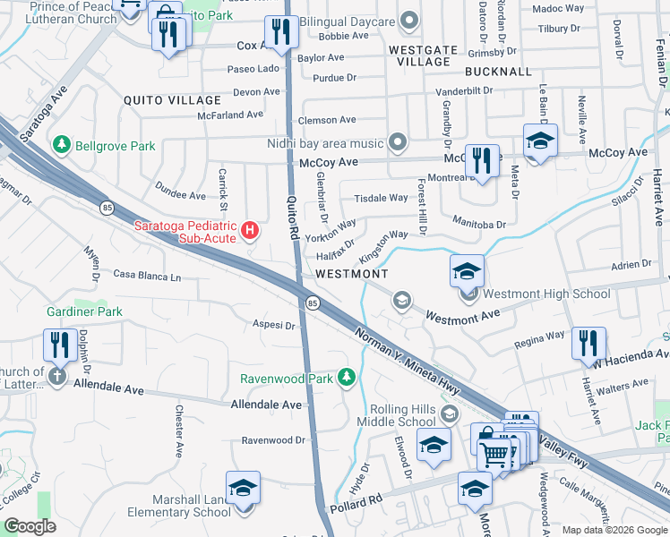 map of restaurants, bars, coffee shops, grocery stores, and more near 5178 Westmont Avenue in San Jose