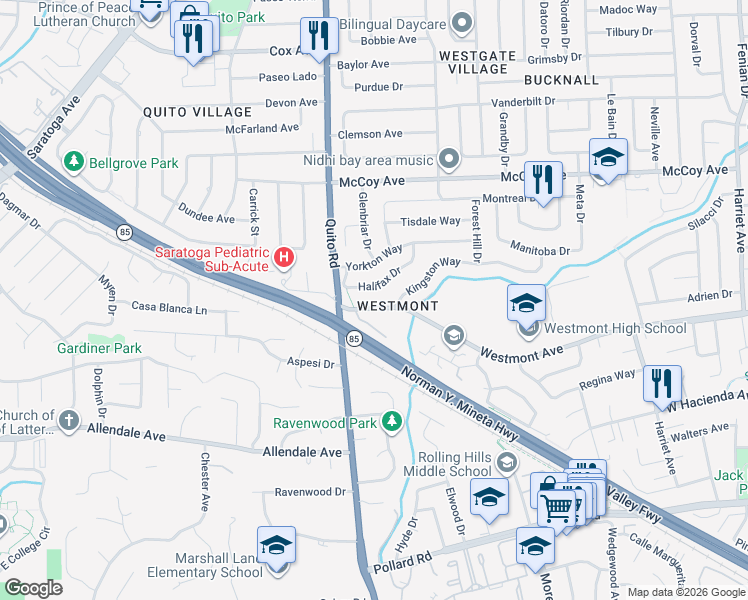 map of restaurants, bars, coffee shops, grocery stores, and more near 5178 Westmont Avenue in San Jose