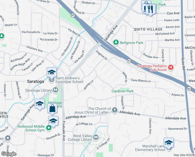 map of restaurants, bars, coffee shops, grocery stores, and more near 13514 Wendy Lane in Saratoga