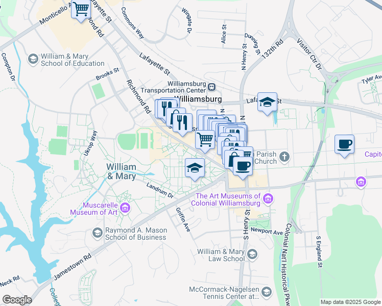map of restaurants, bars, coffee shops, grocery stores, and more near 230-266 Richmond Road in Williamsburg
