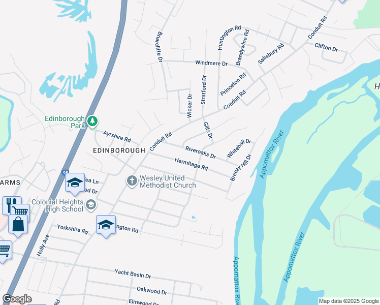 map of restaurants, bars, coffee shops, grocery stores, and more near 1249 Riveroaks Drive in Colonial Heights