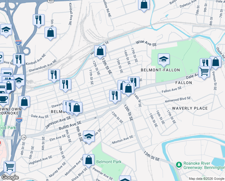 map of restaurants, bars, coffee shops, grocery stores, and more near 1227 Stewart Avenue Southeast in Roanoke