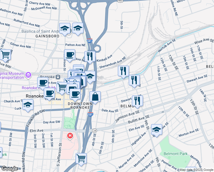 map of restaurants, bars, coffee shops, grocery stores, and more near 631 Campbell Avenue Southeast in Roanoke