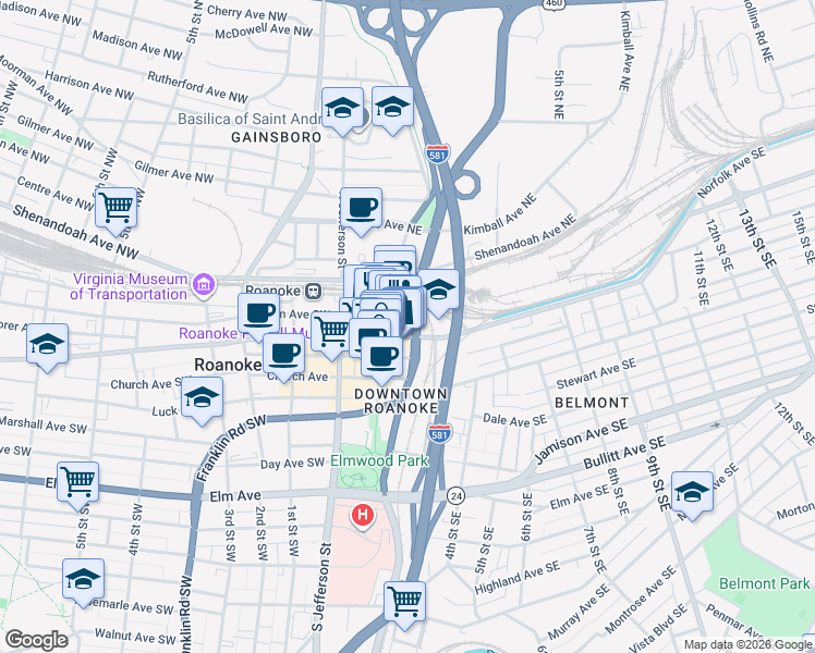 map of restaurants, bars, coffee shops, grocery stores, and more near 127 Salem Avenue Southeast in Roanoke