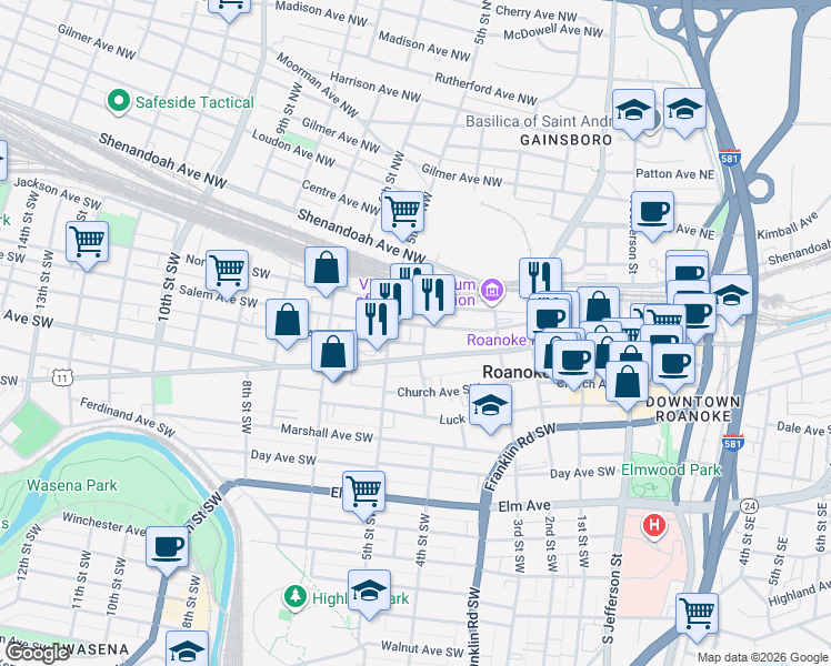 map of restaurants, bars, coffee shops, grocery stores, and more near 208 4th Street Southwest in Roanoke