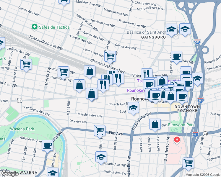 map of restaurants, bars, coffee shops, grocery stores, and more near 502 Rorer Avenue Southwest in Roanoke