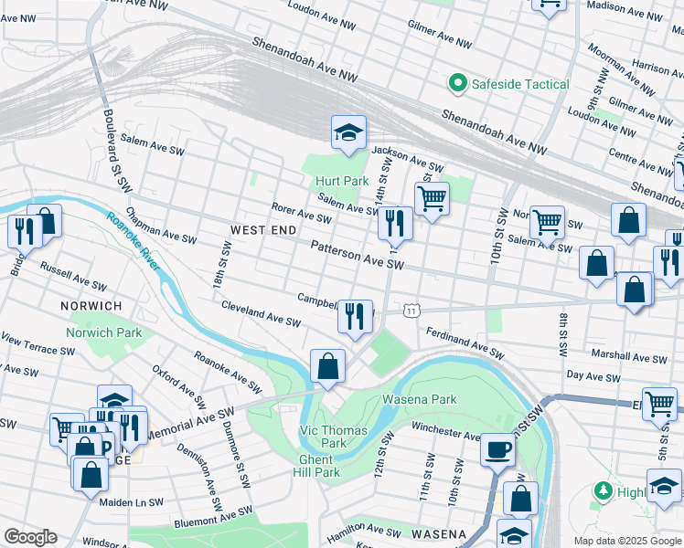 map of restaurants, bars, coffee shops, grocery stores, and more near 1426 Chapman Avenue Southwest in Roanoke