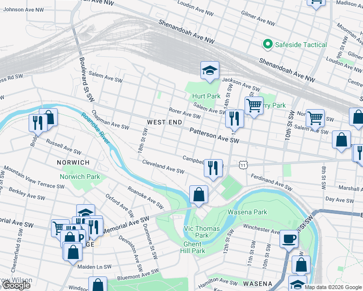 map of restaurants, bars, coffee shops, grocery stores, and more near 1526 Chapman Avenue Southwest in Roanoke