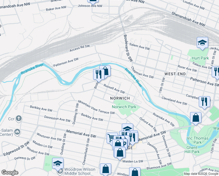map of restaurants, bars, coffee shops, grocery stores, and more near 2214 Russell Avenue Southwest in Roanoke