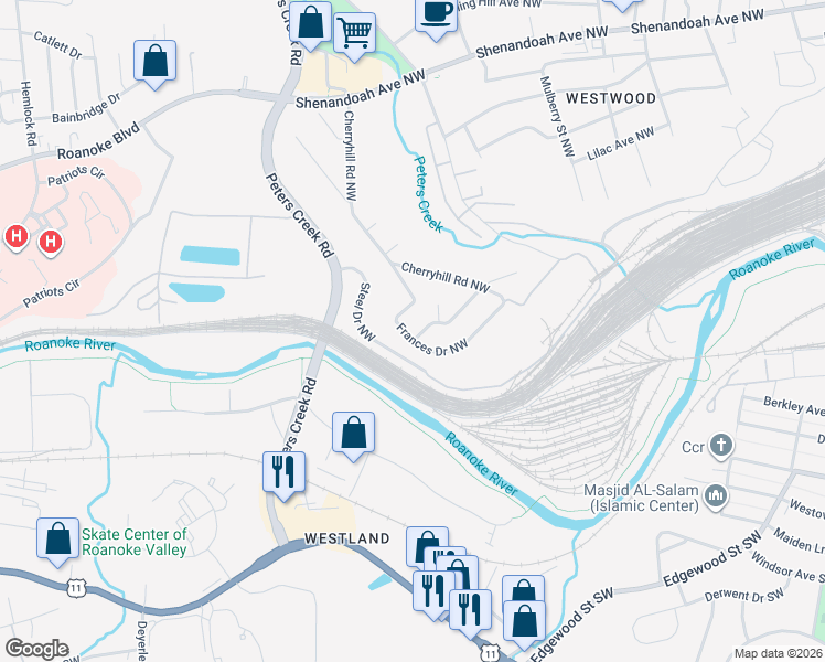 map of restaurants, bars, coffee shops, grocery stores, and more near 137 Frances Drive Northwest in Roanoke