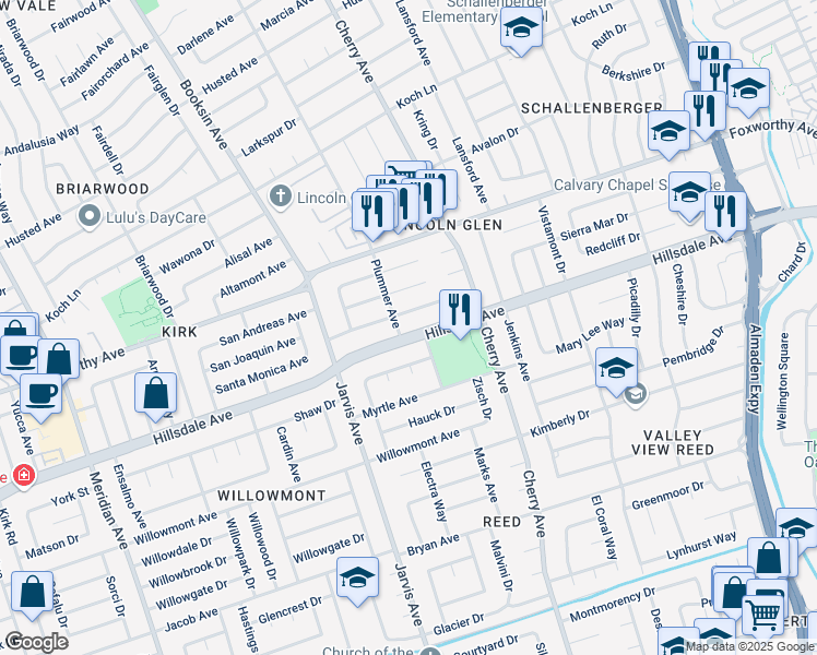 map of restaurants, bars, coffee shops, grocery stores, and more near 1453 Hillsdale Avenue in San Jose