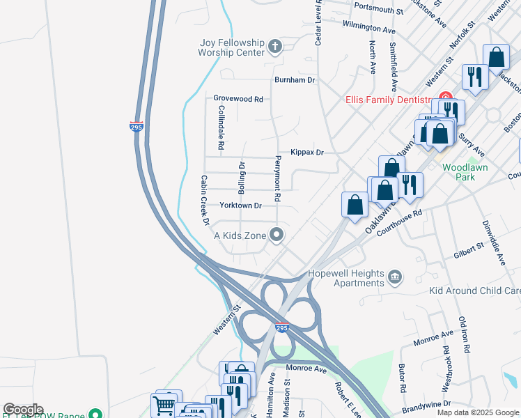 map of restaurants, bars, coffee shops, grocery stores, and more near 3906 Yorktown Drive in Hopewell