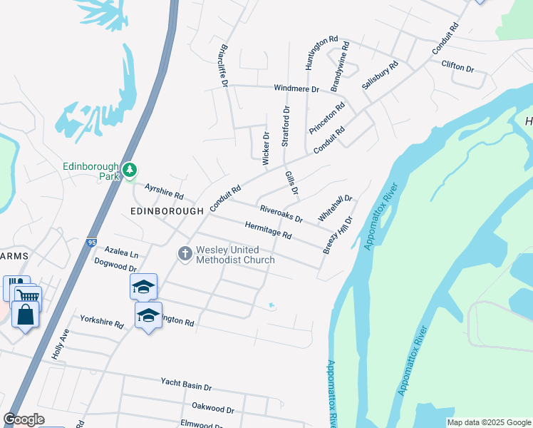 map of restaurants, bars, coffee shops, grocery stores, and more near 1249 Riveroaks Drive in Colonial Heights