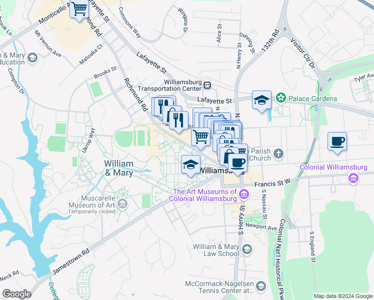 map of restaurants, bars, coffee shops, grocery stores, and more near 226 Richmond Road in Williamsburg