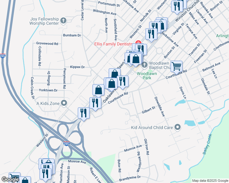 map of restaurants, bars, coffee shops, grocery stores, and more near 3906 Oaklawn Boulevard in Hopewell