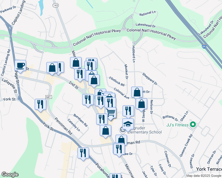 map of restaurants, bars, coffee shops, grocery stores, and more near 713 Colonial Avenue in Williamsburg