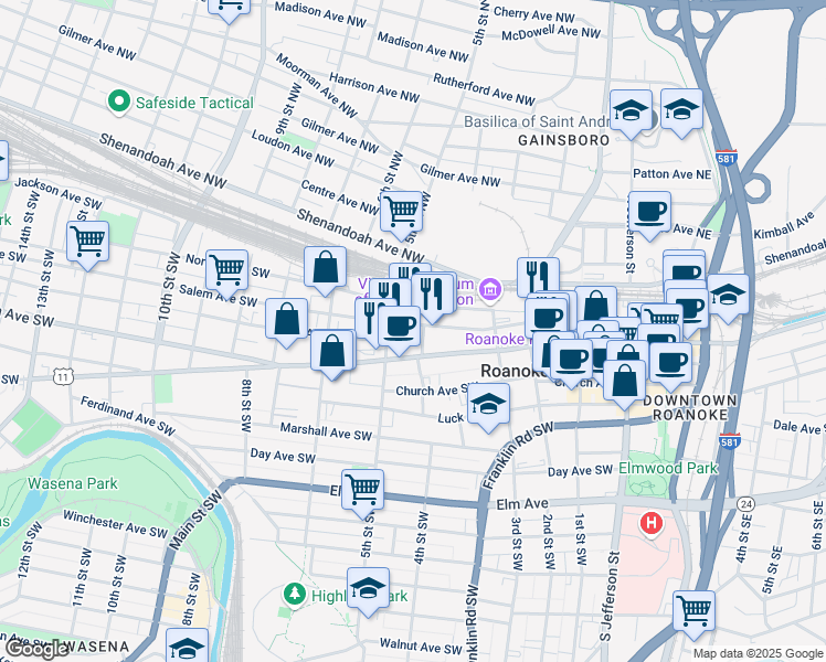 map of restaurants, bars, coffee shops, grocery stores, and more near 400 Salem Avenue Southwest in Roanoke