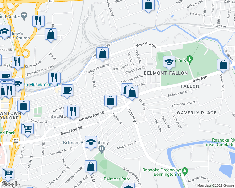 map of restaurants, bars, coffee shops, grocery stores, and more near 1227 Stewart Avenue Southeast in Roanoke