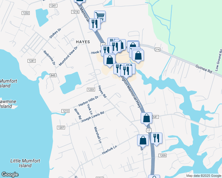 map of restaurants, bars, coffee shops, grocery stores, and more near 7482 Pinewood Circle in Gloucester Point