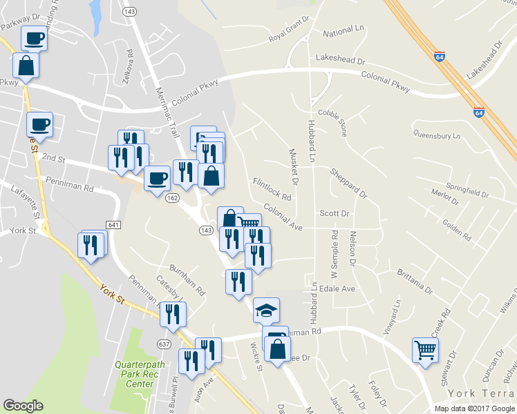 map of restaurants, bars, coffee shops, grocery stores, and more near 713 Colonial Avenue in Williamsburg