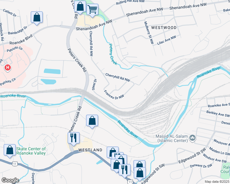 map of restaurants, bars, coffee shops, grocery stores, and more near 302 Nancy Drive Northwest in Roanoke