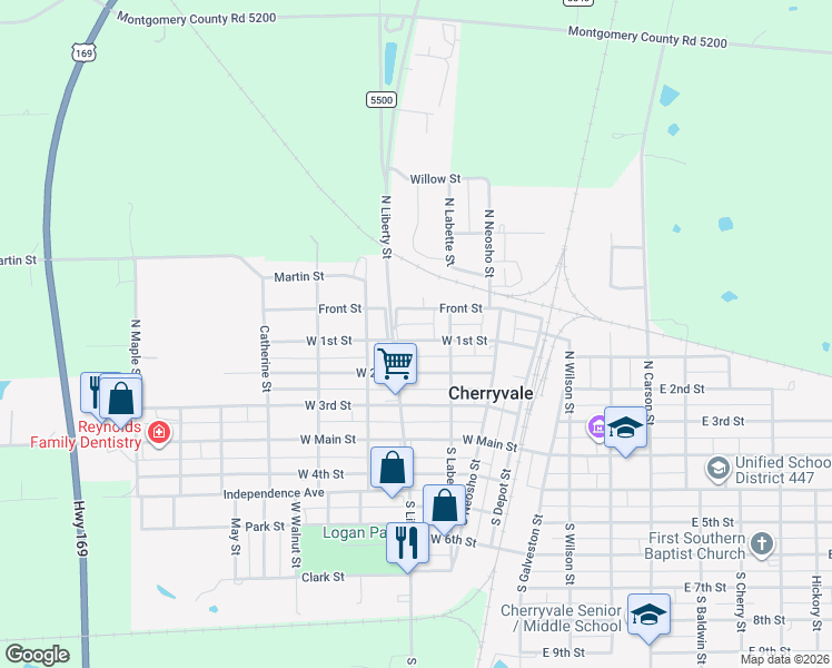 map of restaurants, bars, coffee shops, grocery stores, and more near 328 West 1st Street in Cherryvale