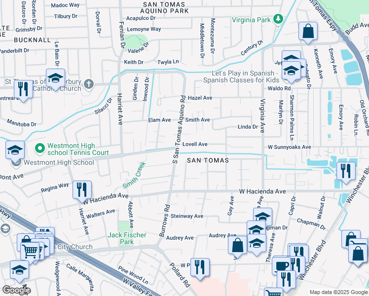 map of restaurants, bars, coffee shops, grocery stores, and more near 1218 Lovell Avenue in Campbell