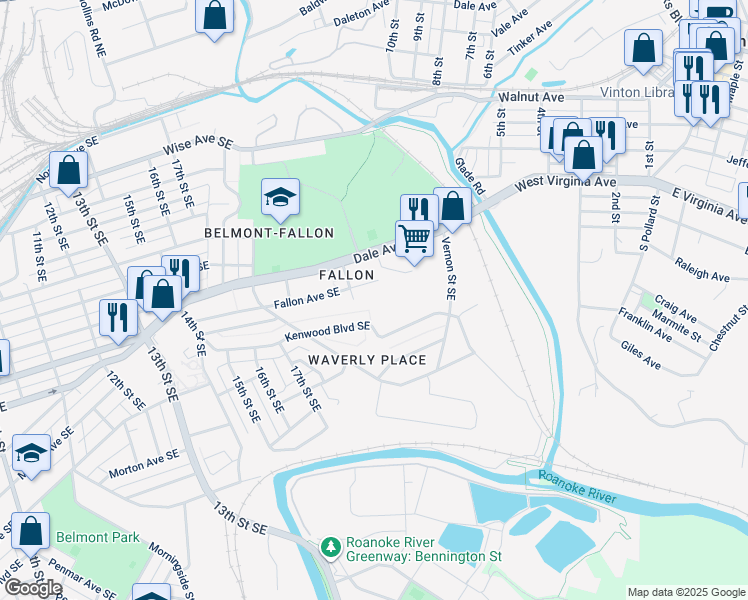 map of restaurants, bars, coffee shops, grocery stores, and more near 2119 Fallon Avenue Southeast in Roanoke